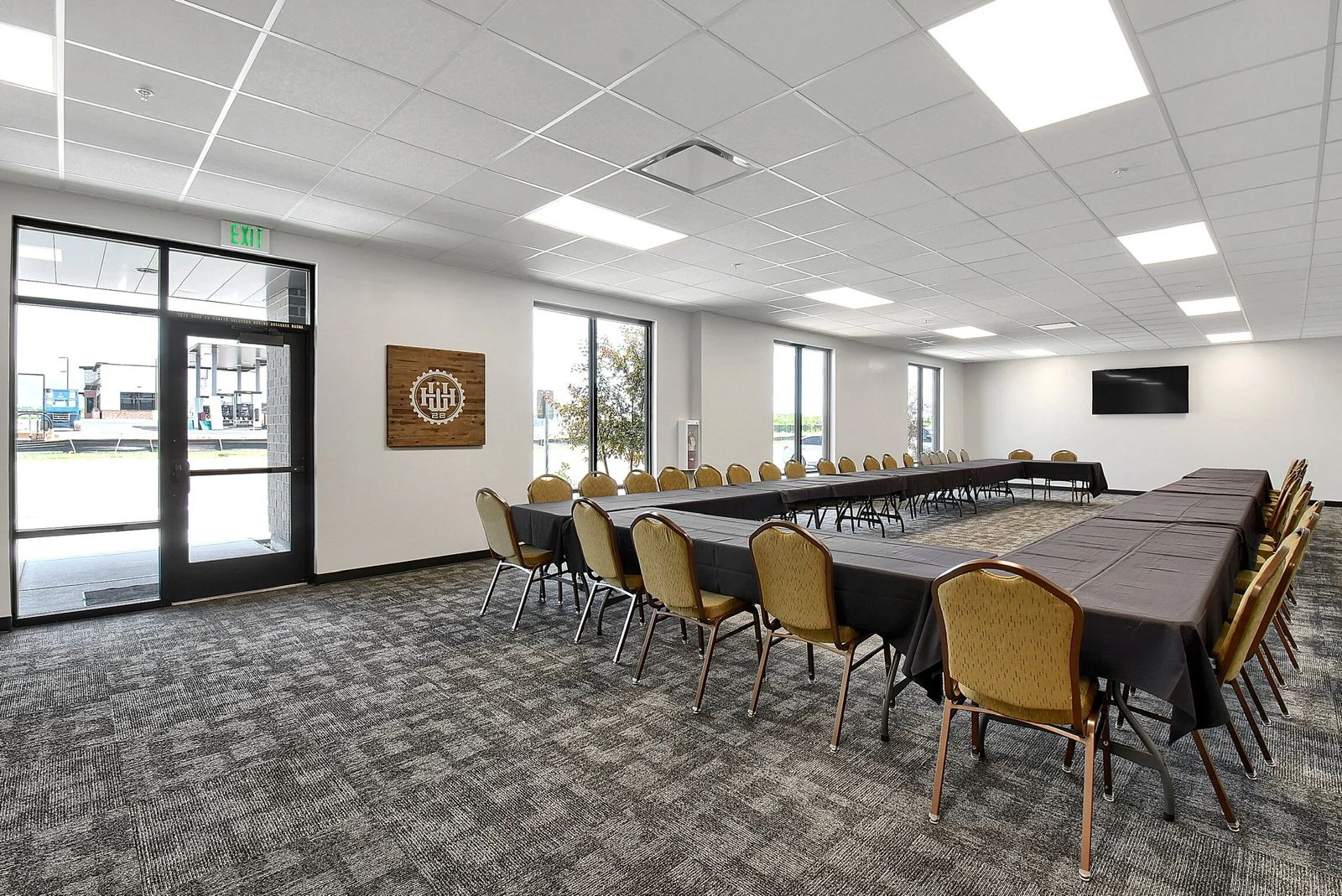 Conference room set for a catered corporate meeting