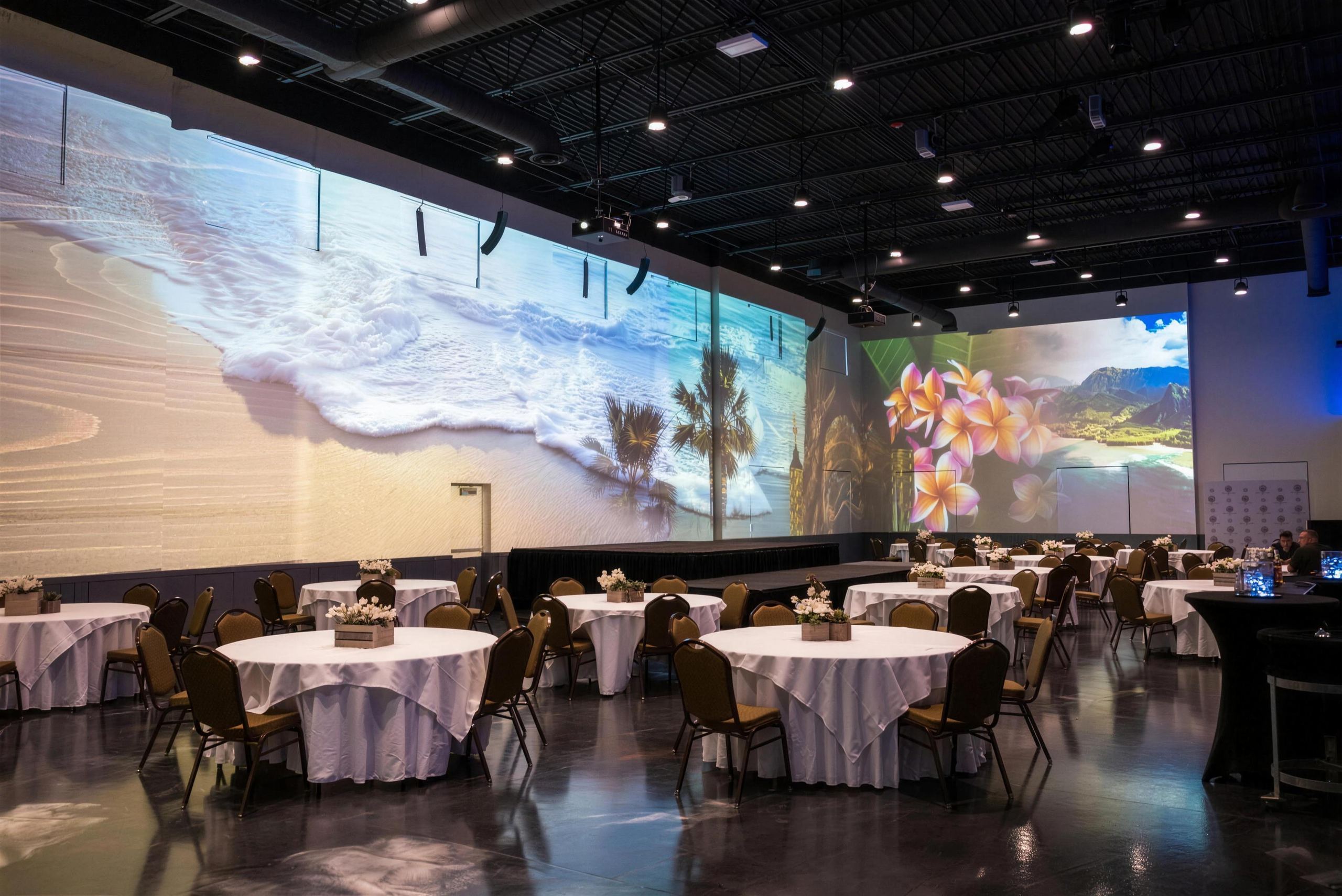 Warehouse 22 hall set for a wedding reception